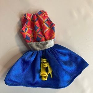 Vintage Barbie Doll Clothing Neon Print Top W Blue Satin Skirt Heels
